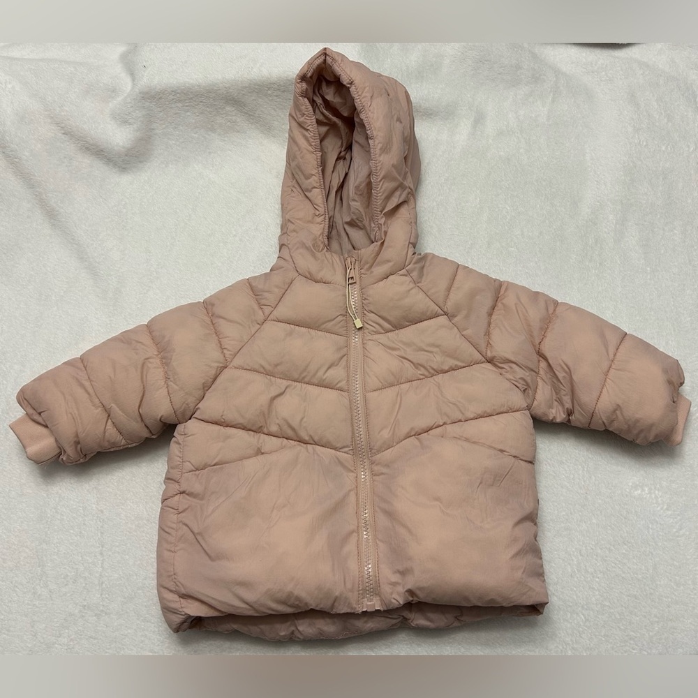 Zara Baby Sz 12-18 month Soft Pink Winter Zip Up Puffer Jacket Coat with hood - Picture 1 of 8